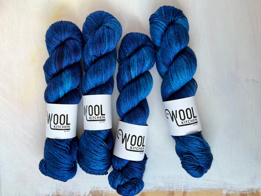 Cosmic Blue from the Luxury 4ply Merino Silk Collection by the hand dyed yarn expert, The Wool Kitchen.