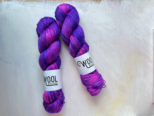 Space Purple yarn from the Luxury 4ply Merino Silk collection by the hand dyed yarn expert, The Wool Kitchen.