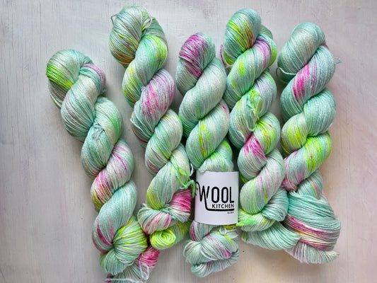 Anthuriums from the Floral Fade 2 Botanicals monthly yarn club in Luxury 4ply Merino Silk yarn. Buy now from the hand dyed yarn expert, The Wool Kitchen