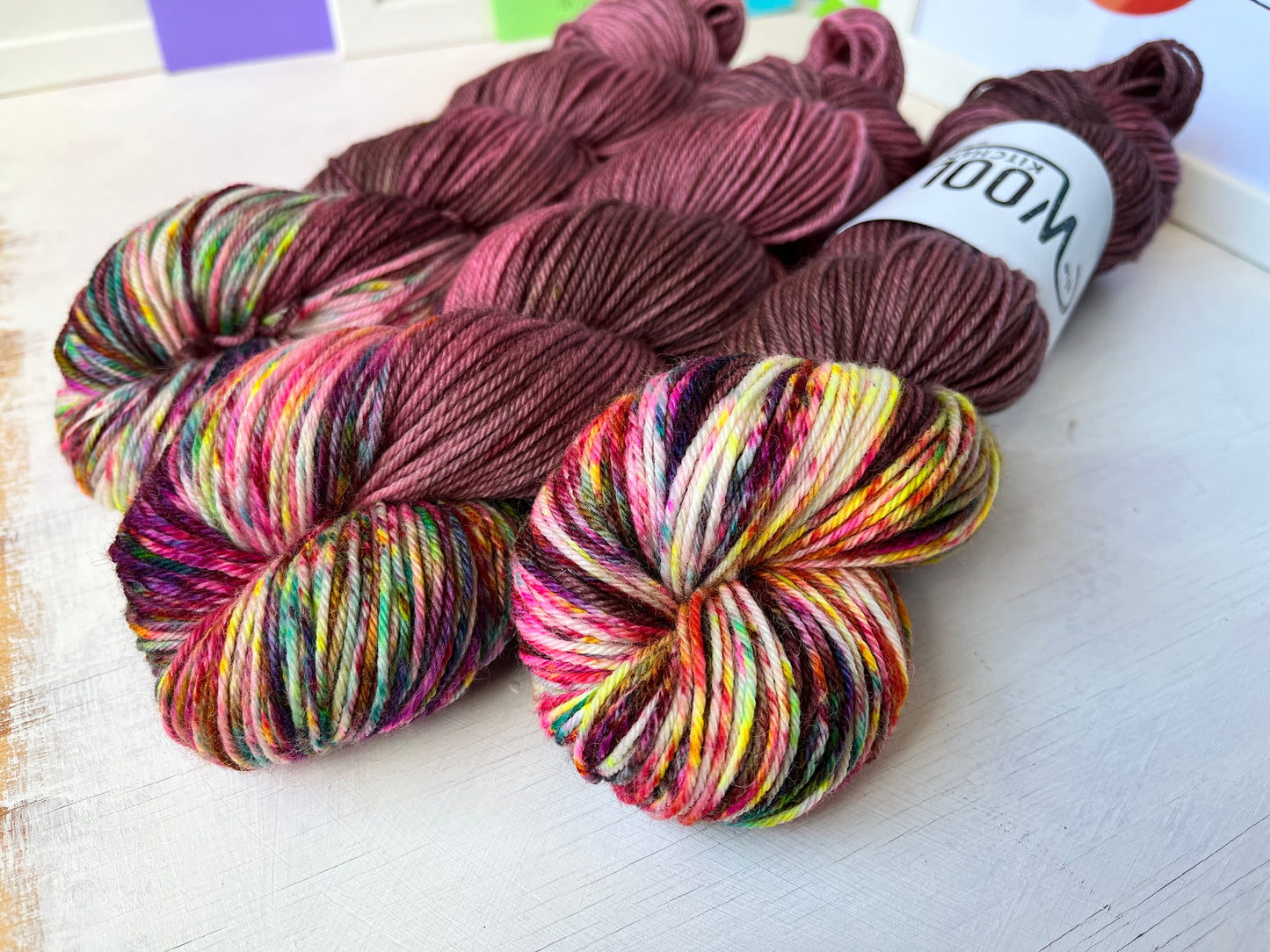 Close up of At Sunset from the BFL DK Wool collection by the hand dyed yarn expert, The Wool Kitchen.