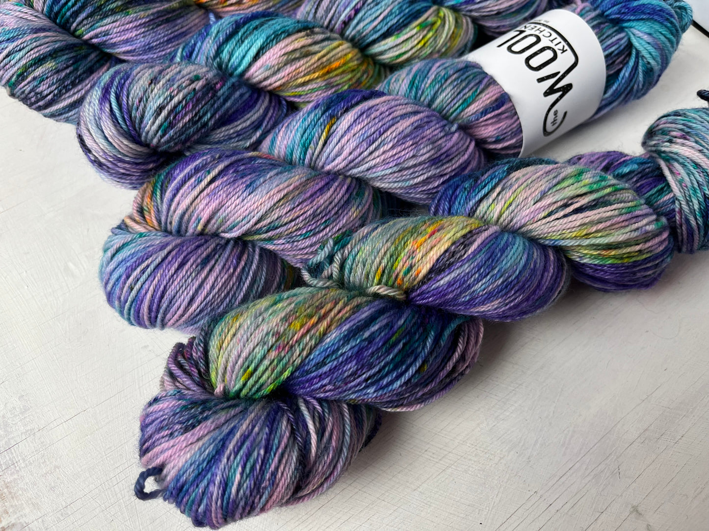 Close up of Witches Thimbles yarn from the BFL DK Wool collection by the hand dyed yarn expert, The Wool Kitchen.