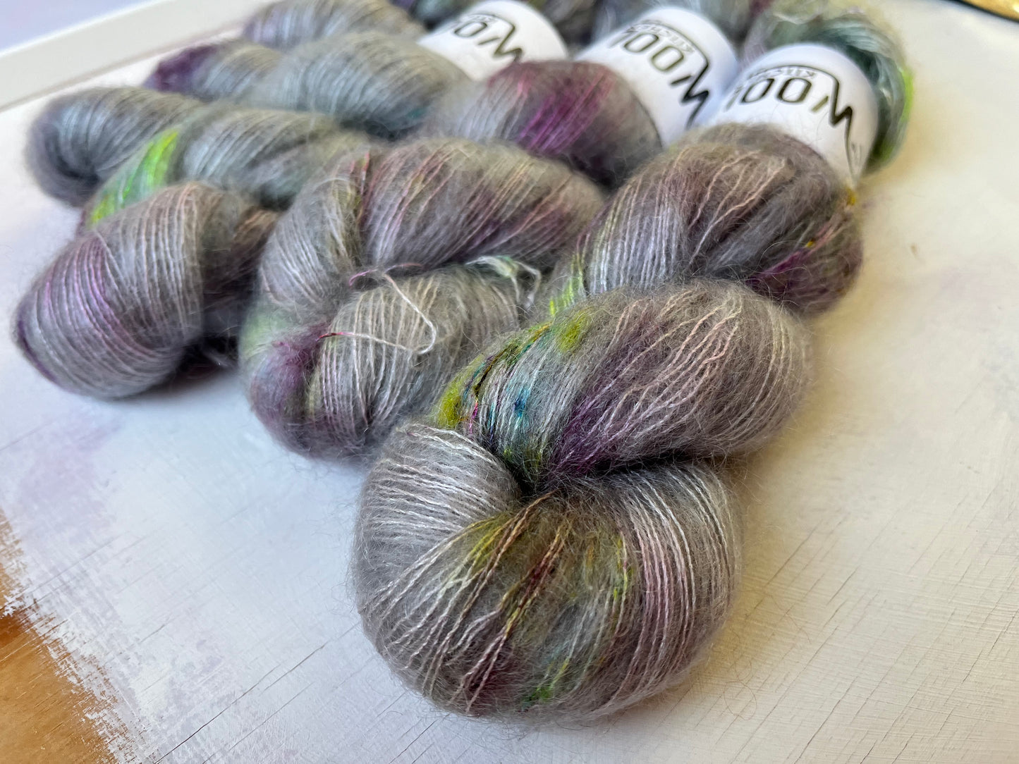 Close up of Skyfall Batch 2 from the Mohair Silk Lace collection by the hand dyed yarn expert, The Wool Kitchen