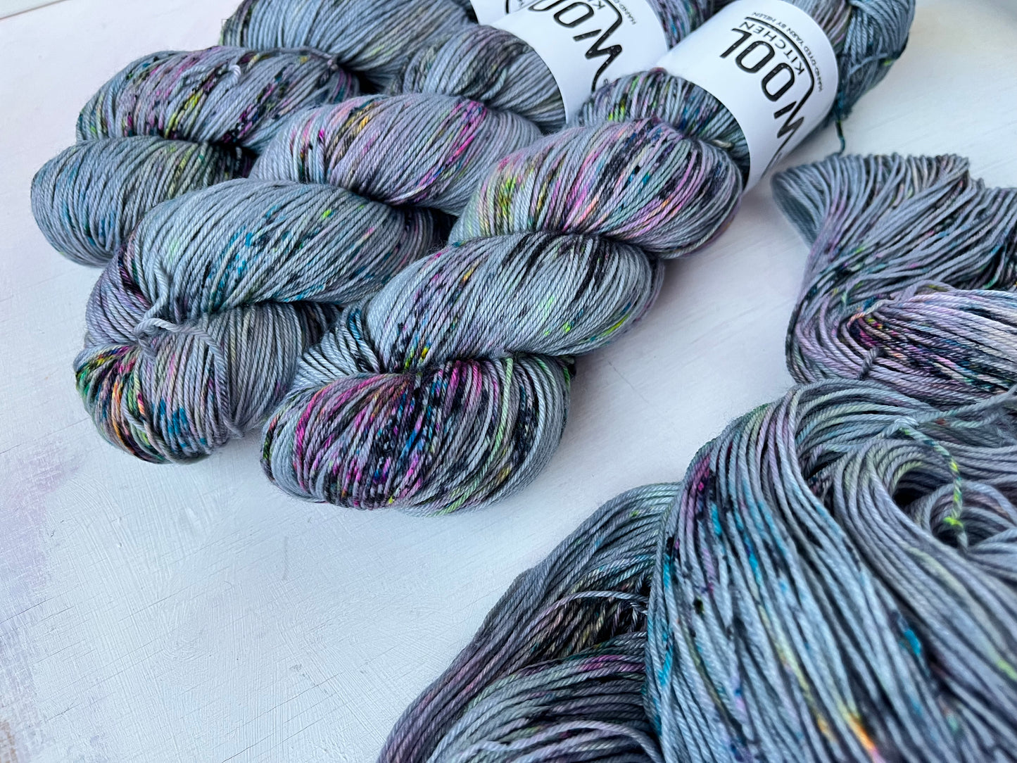 Close up of Mystic Grey yarn from the 4ply sock yarn collection by the hand dyed yarn expert, The Wool Kitchen.