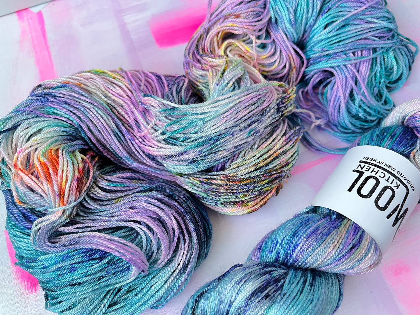 Unspooled skein close up of Witches Thimbles yarn from the Luxury 4ply Merino silk collection by the hand dyed yarn expert, The Wool Kitchen
