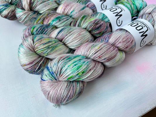 close up of skein Sea Glass from the Luxury 4ply Merino Silk collection by the hand dyed yarn expert, The Wool Kitchen.
