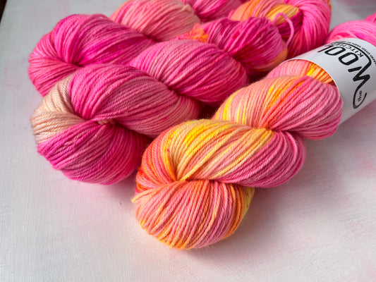 Close up of July from the Floral Fade 3 Fungi monthly yarn club in BFL DK Wool by the hand dyed yarn expert, The Wool Kitchen