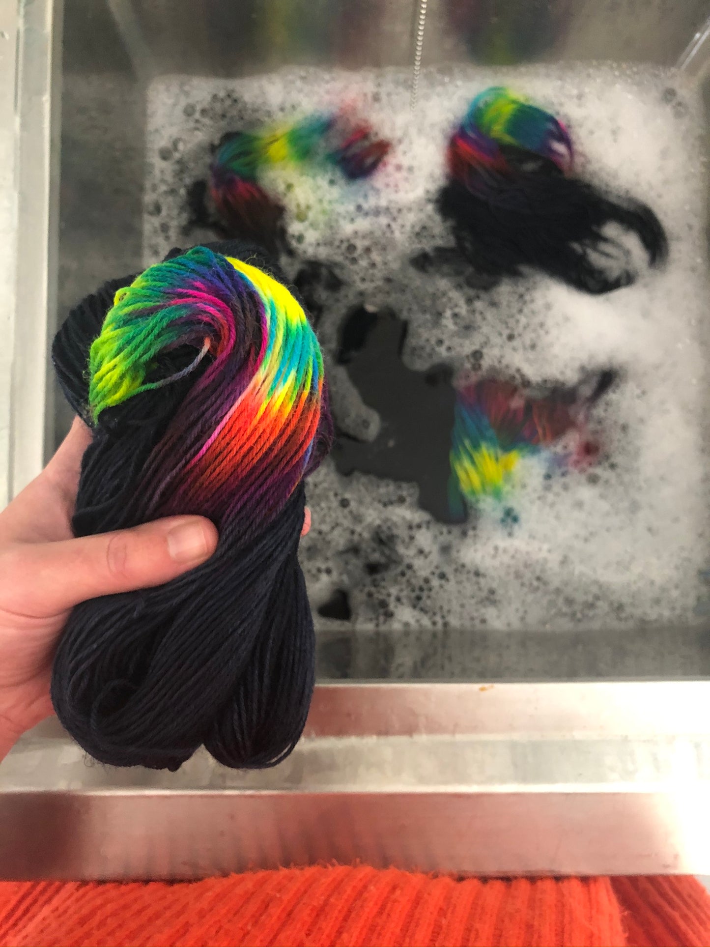 Close up of Nebula zip yarn during the dyeing process.