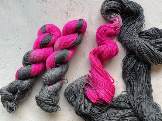 Pink Pop Long Zip from the Assigned Pooling Yarns collection by the hand dyed yarn expert, The Wool Kitchen