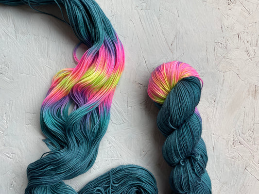 m2-9 from the 4ply sock yarn collection by the hand dyed yarn expert, The Wool Kitchen