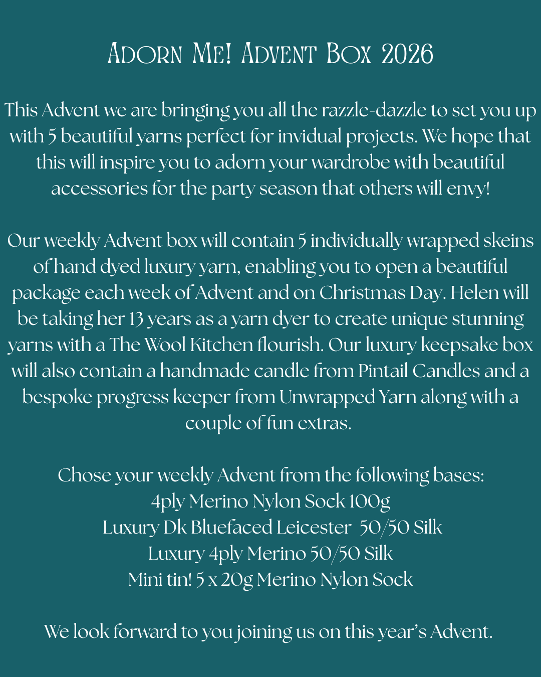 The Wool Kitchen Advent calendar promotion with yarn and candle details on a teal background.