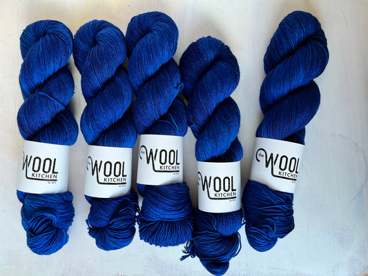 Cosmic Blue from the 4ply Sock Yarn Collection by the hand dyed yarn expert, The Wool Kitchen