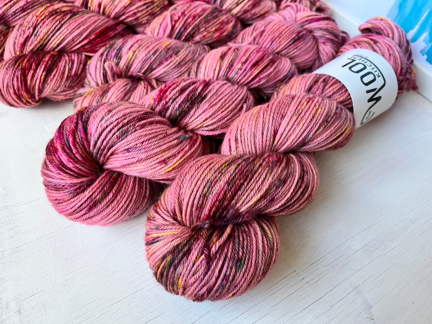Close up of Sunset Stars yarn from the BFL DK Wool collection by the hand dyed yarn expert, The Wool Kitchen.