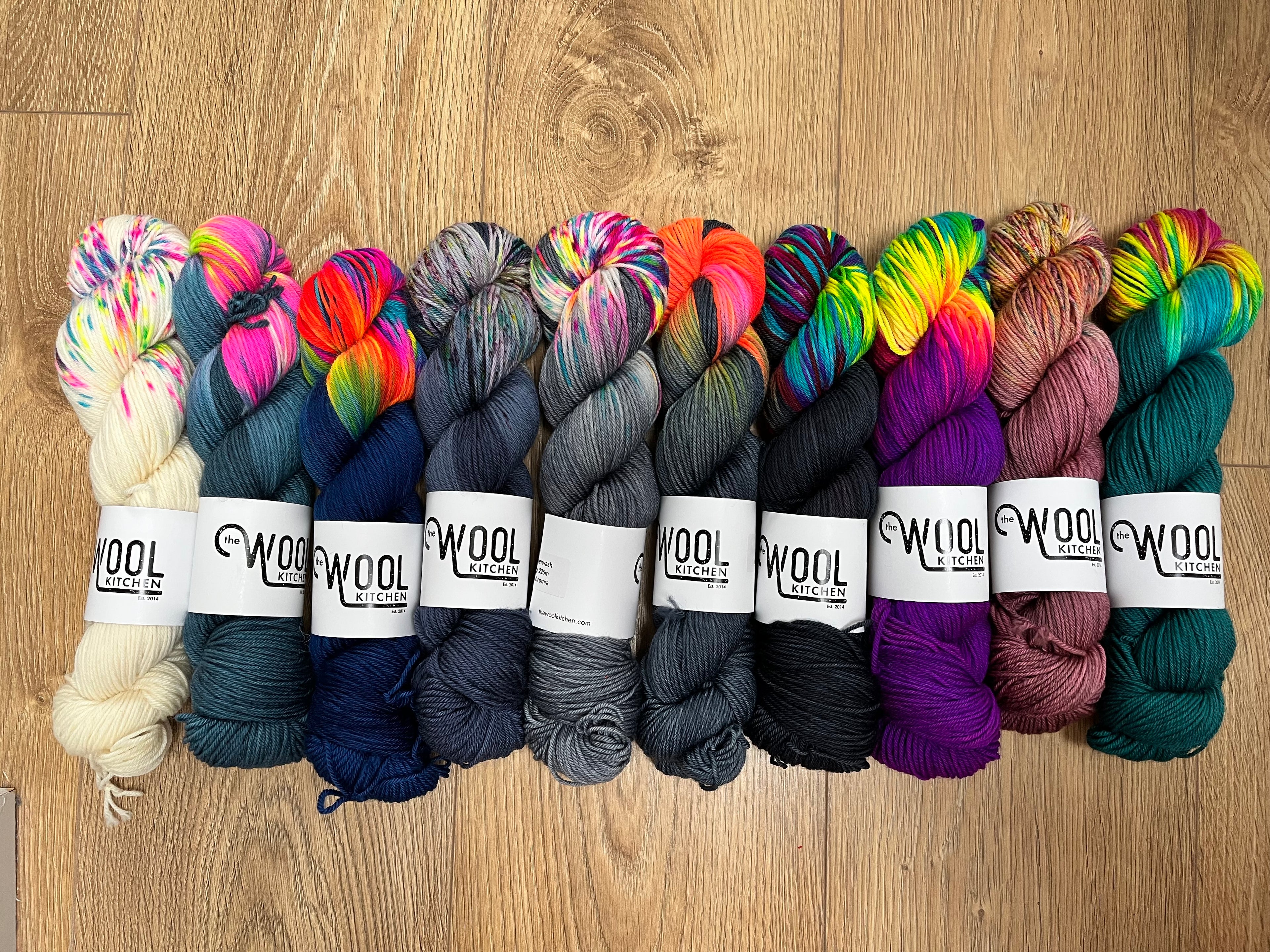 10 colourful zip yarns for assigned pooling patterns from the BFL DK wool collection by the hand dyed yarn expert The Wool Kitchen