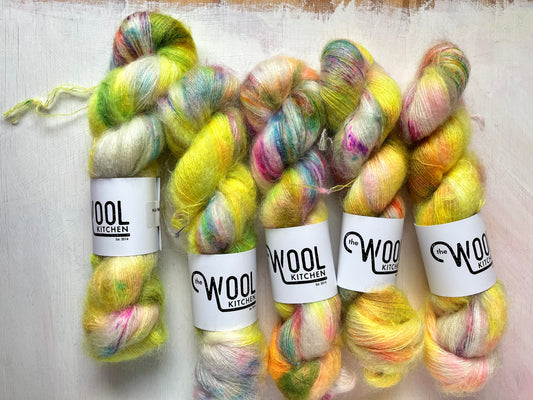 Pineapple Riot from the Mohair Silk collection by the hand dyed yarn expert, The Wool Kitchen