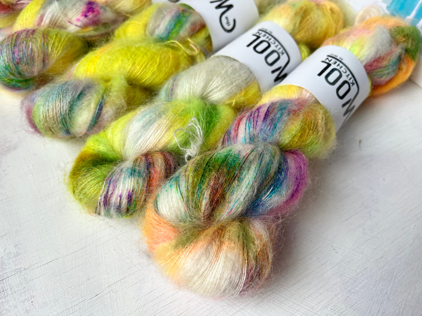 Close up of Pineapple Riot from the Mohair Silk collection by the hand dyed yarn expert, The Wool Kitchen