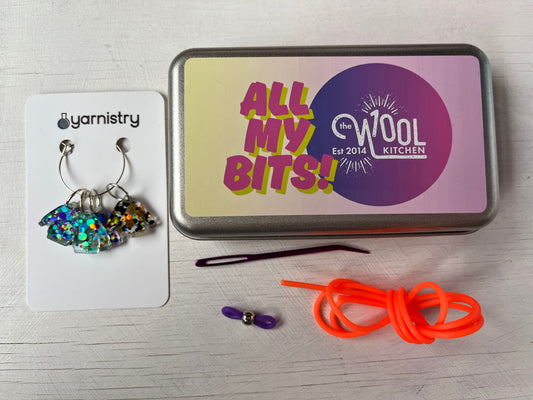 Contents of All my Bits Notions tin from the Accessories collection by the hand dyed yarn expert, The Wool Kitchen