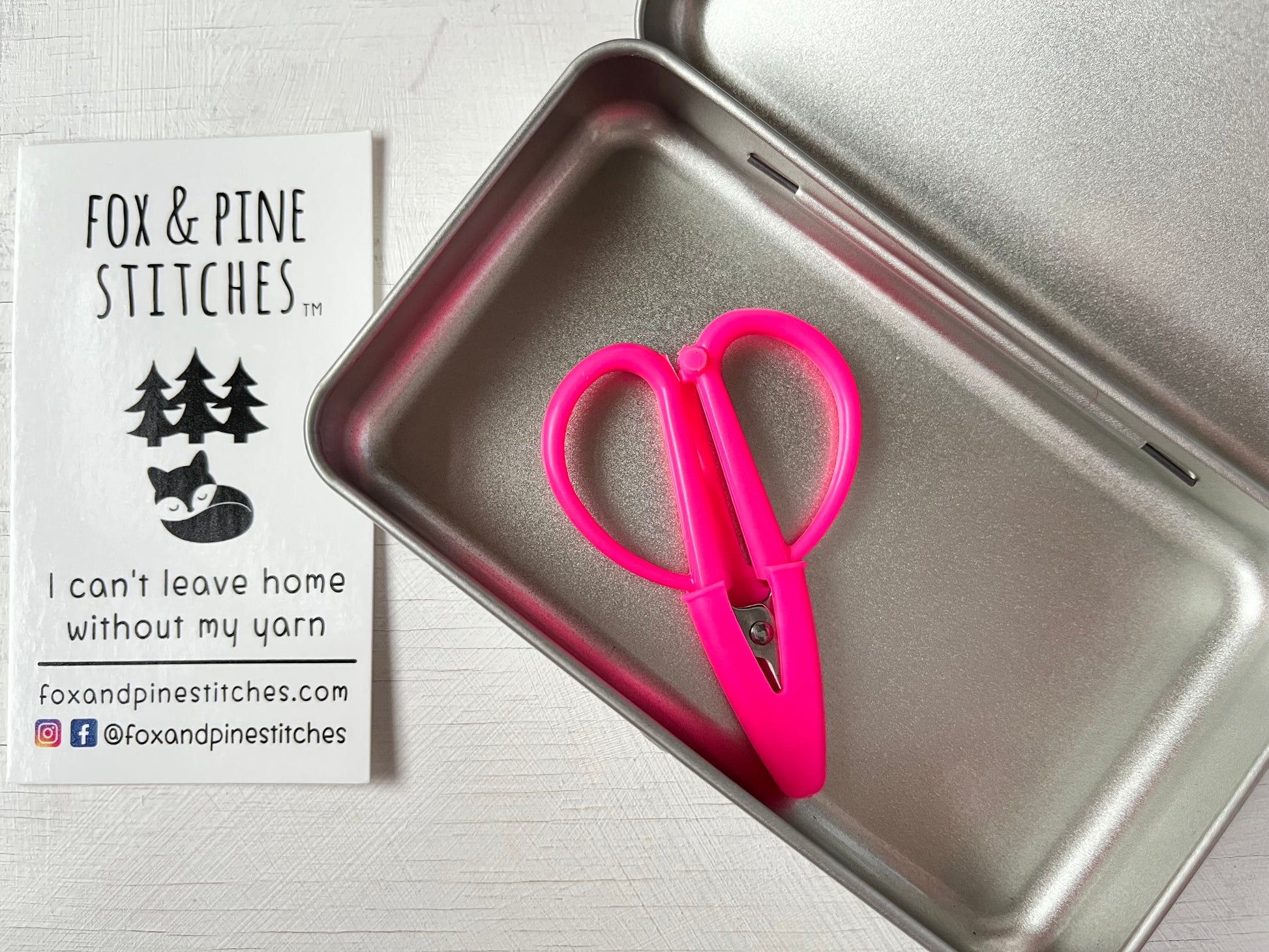 Tin with Neon Pink Mini Scissors by Fox and Pine from the Accessories collection by the hand dyed yarn expert.