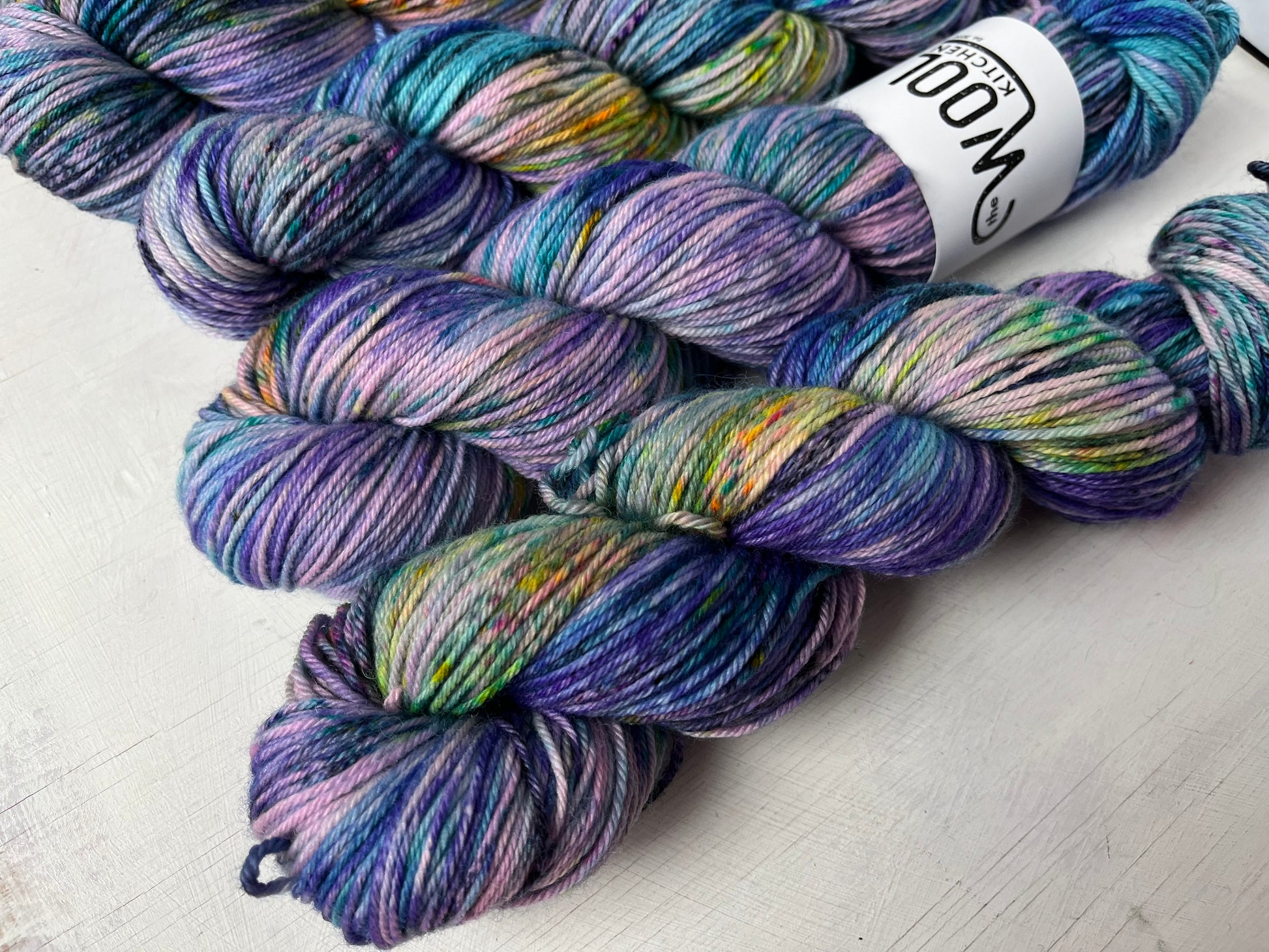 Close up of Witches Thimbles yarn from the BFL DK Wool collection by the hand dyed yarn expert, The Wool Kitchen.