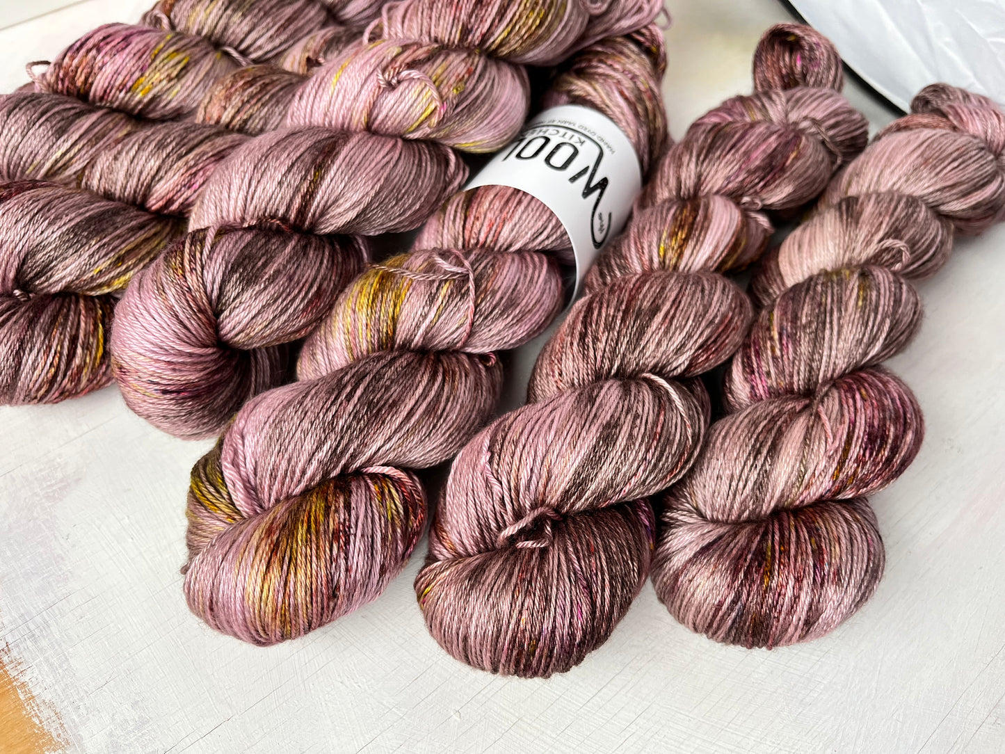Close up of Image 1 on Luxury 4ply Merino Silk yarn from the Seashells Monthly Yarn club by the hand dyed yarn expert, The Wool Kitchen. 