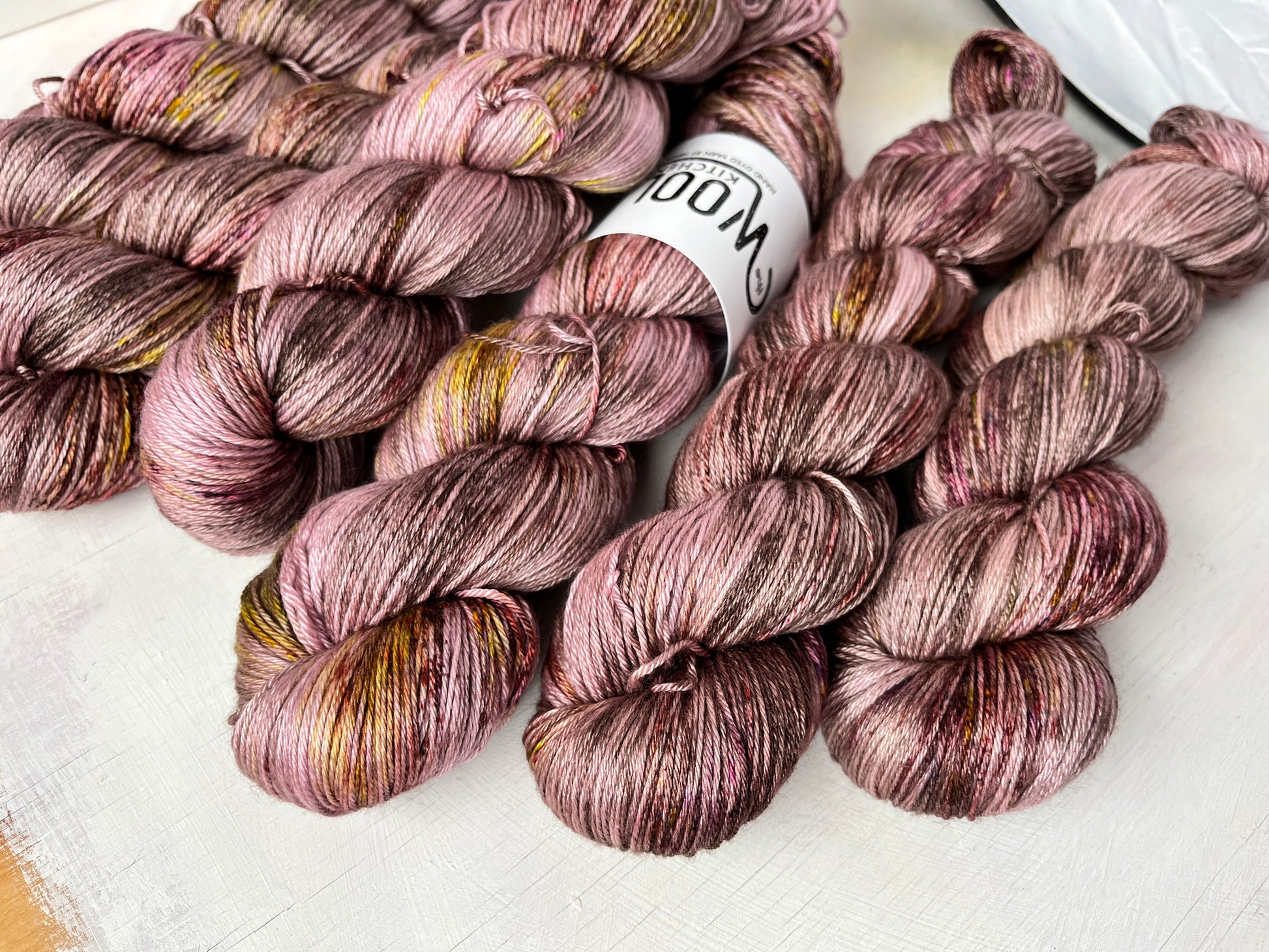 Close up of Image 1 on Luxury 4ply Merino Silk yarn from the Seashells Monthly Yarn club by the hand dyed yarn expert, The Wool Kitchen. 