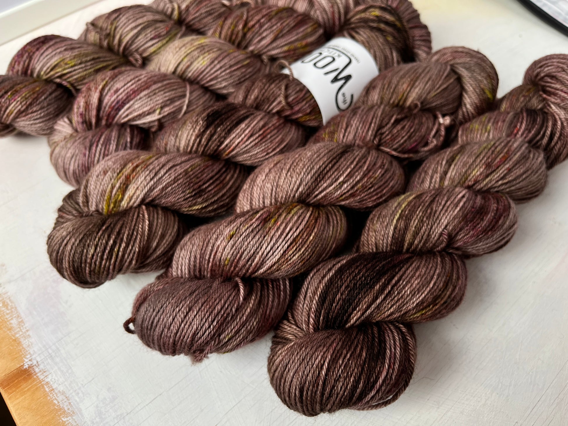 Close up of Image 1 on 4ply sock yarn from the Seashells Monthly Yarn club by the hand dyed yarn expert, The Wool Kitchen. 