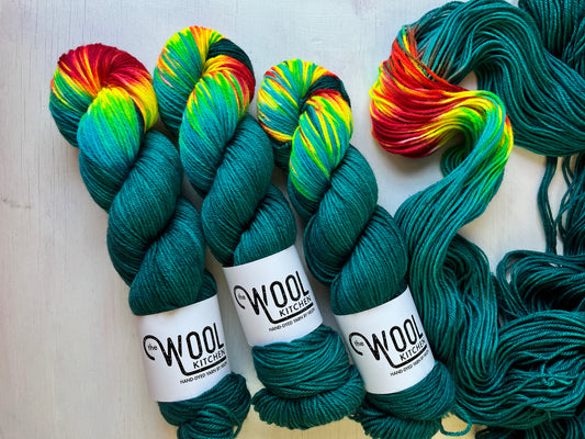 Frida Kahlo assigned pooling yarn from the BFL DK Wool collection by the hand dyed yarn expert, The Wool Kitchen.