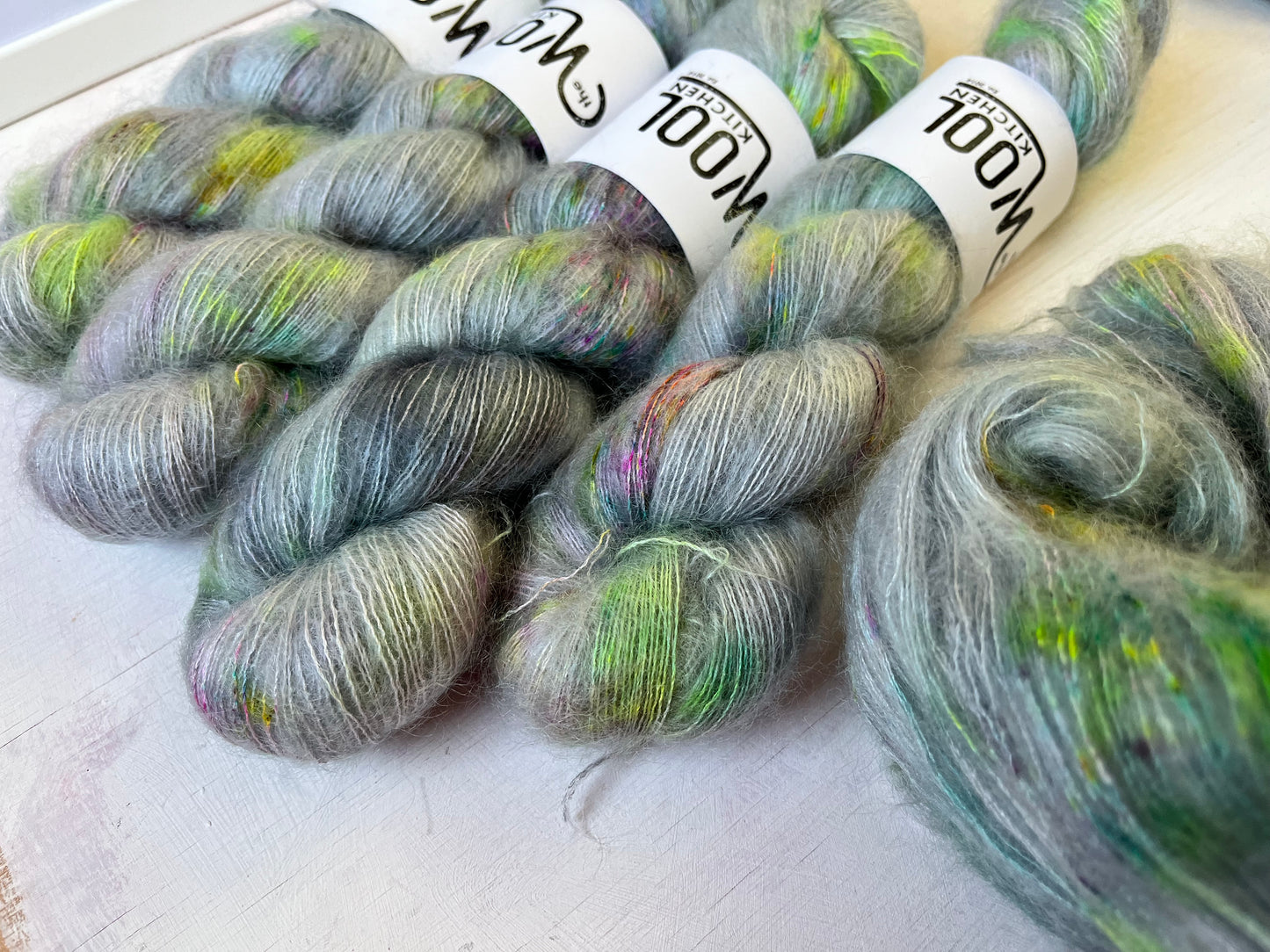 Close up of Skyfall Batch 1 from the Mohair Silk Lace collection  by the hand dyed yarn expert, The Wool Kitchen