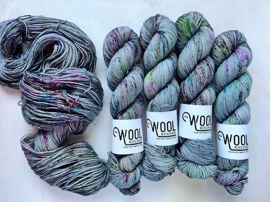 Mystic Grey yarn from the BFL DK wool yarn collection by the hand dyed yarn expert, The Wool Kitchen.