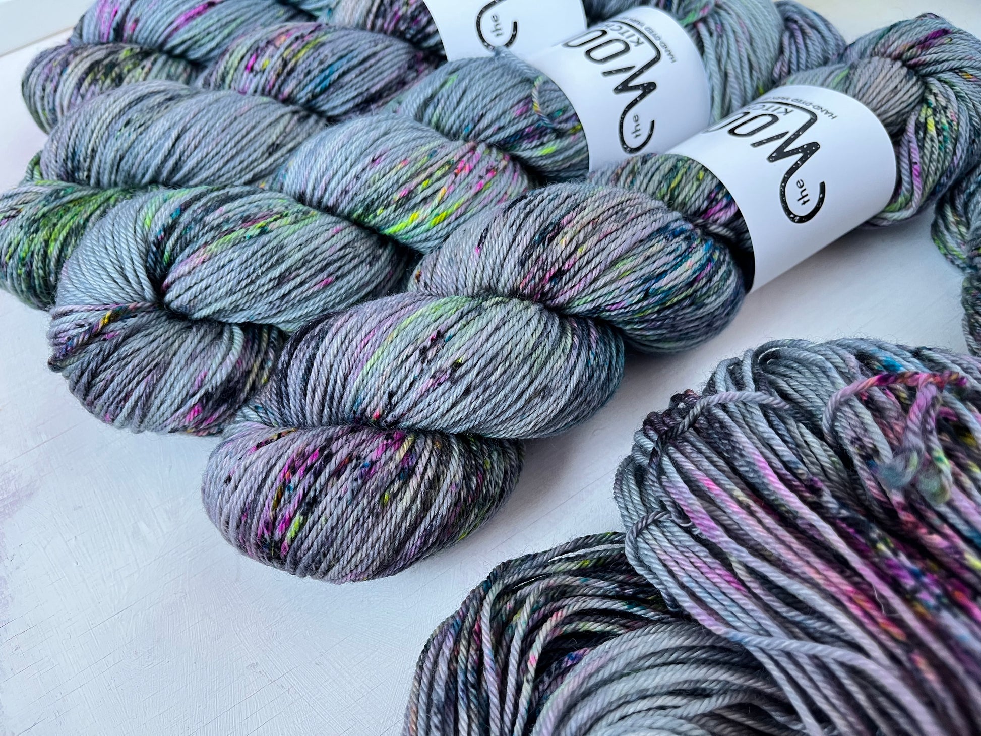 Close up of Mystic Grey yarn from the BFL DK Wool collection by the hand dyed yarn expert, The Wool Kitchen.