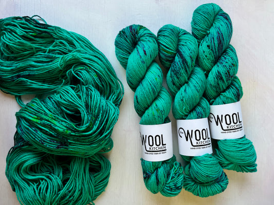 Mystic Green yarn from the BFL DK wool yarn collection by the hand dyed yarn expert, The Wool Kitchen.