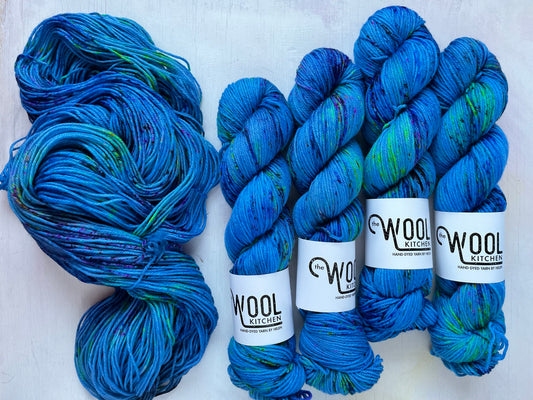 Mystic Blue yarn from the BFL DK wool yarn collection by the hand dyed yarn expert, The Wool Kitchen.