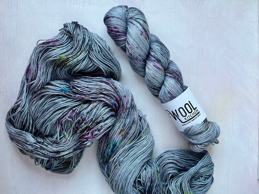 Mystic Grey yarn from the Luxury 4ply silk yarn collection by the hand dyed yarn expert, The Wool Kitchen.
