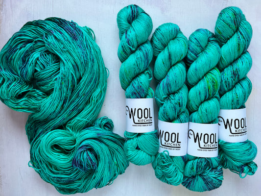 Mystic Green yarn from the Luxury 4ply silk yarn collection by the hand dyed yarn expert, The Wool Kitchen.