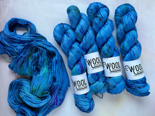 Mystic Blue yarn from the Luxury 4ply silk yarn collection by the hand dyed yarn expert, The Wool Kitchen.