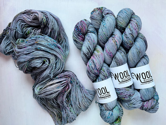 Mystic Grey yarn from the 4ply sock yarn collection by the hand dyed yarn expert, The Wool Kitchen.