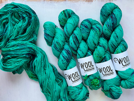 Mystic Green yarn from the 4ply sock yarn collection by the hand dyed yarn expert, The Wool Kitchen.