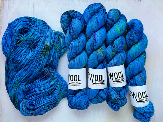 Mystic Blue yarn from the 4ply sock yarn collection by the hand dyed yarn expert, The Wool Kitchen.