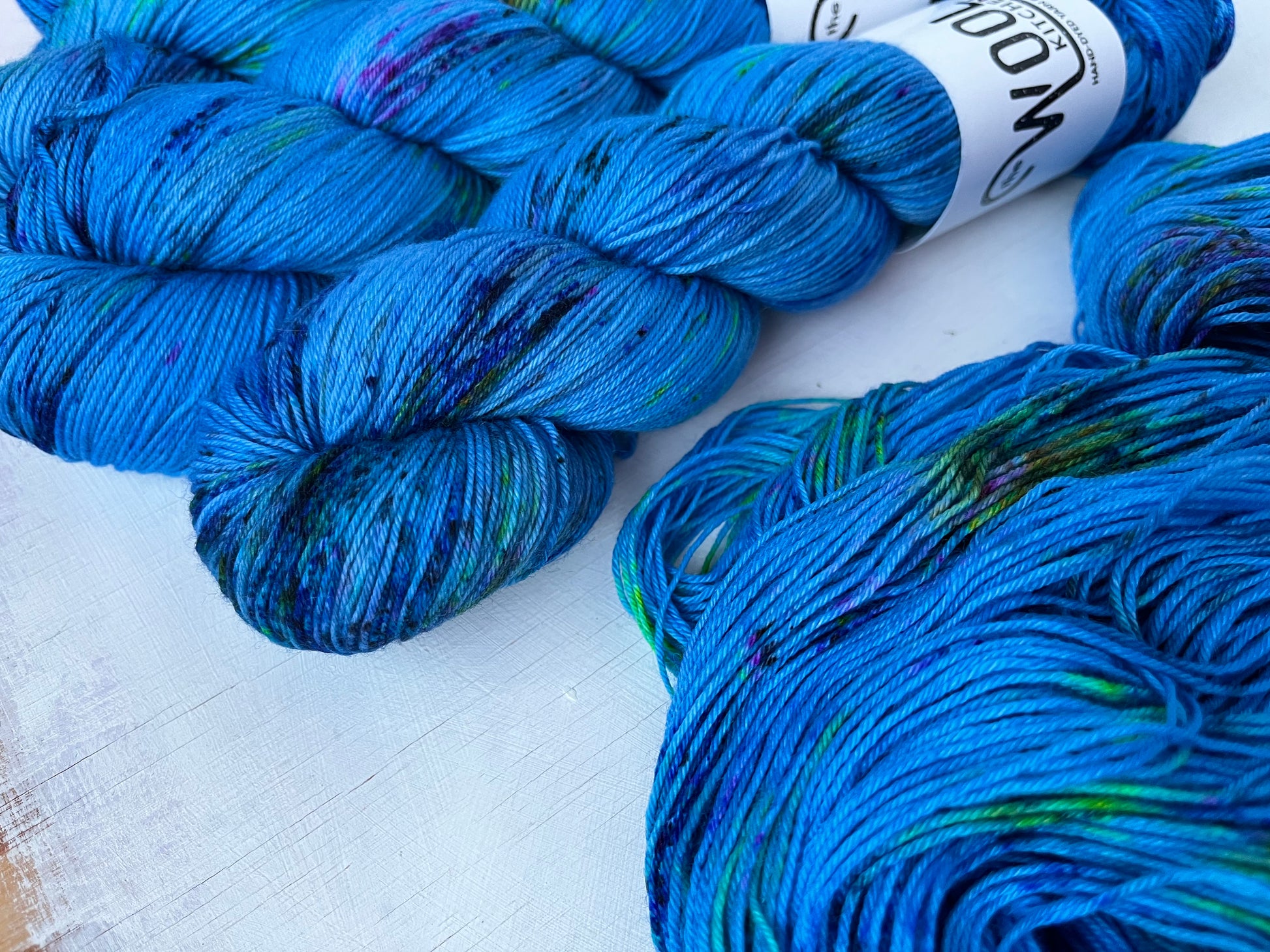 Close up of Mystic Blue yarn from the 4ply sock yarn collection by the hand dyed yarn expert, The Wool Kitchen.