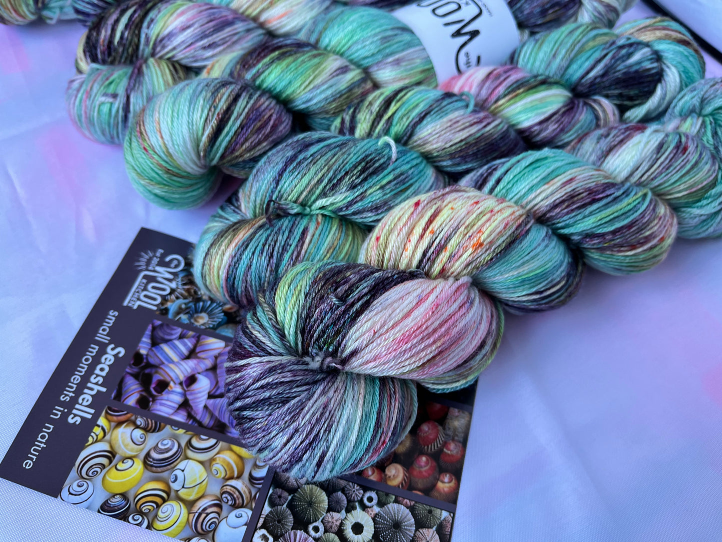 Close up of Image 3 on Luxury 4ply Merino Silk yarn from the Seashells Monthly Yarn club by the hand dyed yarn expert, The Wool Kitchen. 