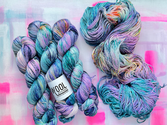 Witches Thimbles yarn from the Luxury 4ply Merino silk collection by the hand dyed yarn expert, The Wool Kitchen