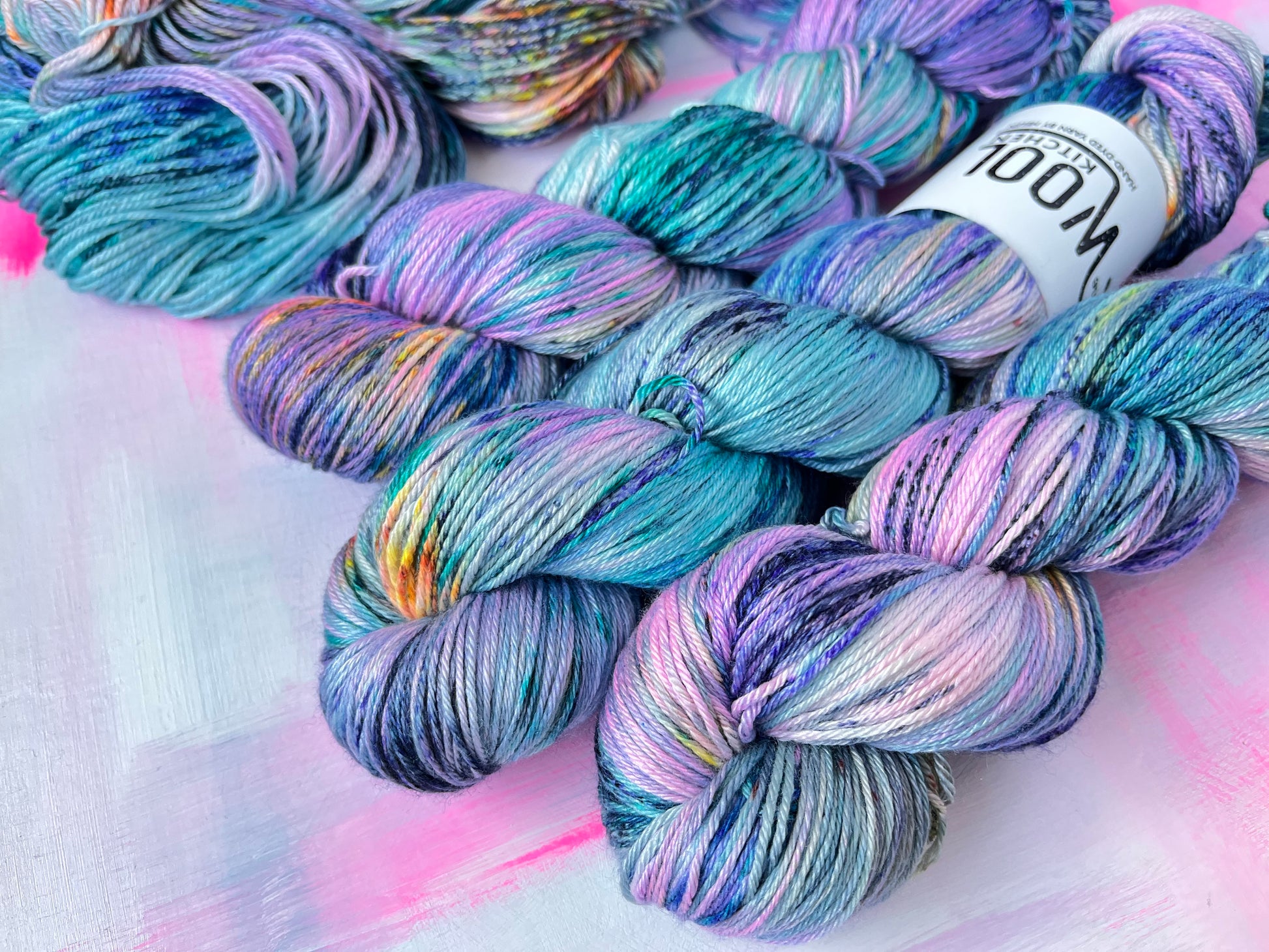 Close up of Witches Thimbles yarn from the Luxury 4ply Merino silk collection by the hand dyed yarn expert, The Wool Kitchen