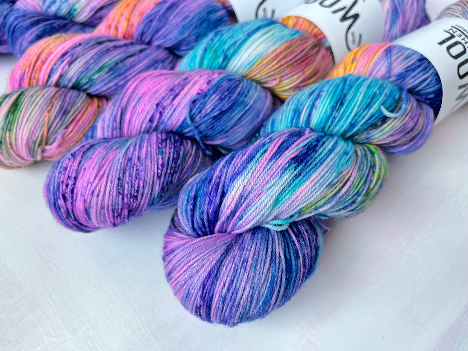 Close up of skein of yarn - Witches Thimbles from the 4ply sock collection by the hand dyed yarn expert, The Wool Kitchen
