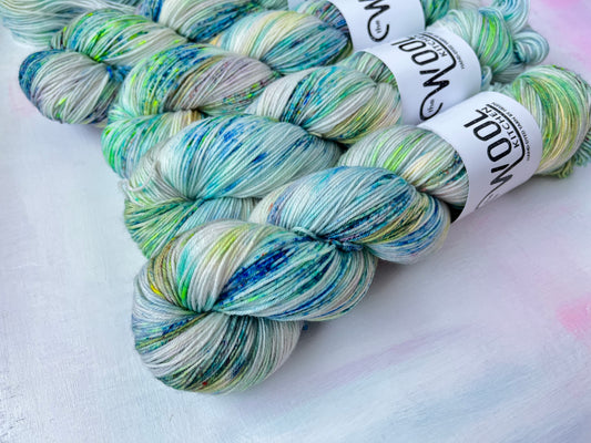 Close up of Sea Glass Yarn from the 4ply sock collection by the hand dyed yarn expert, The Wool Kitchen.