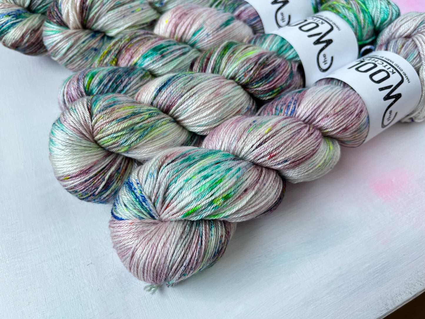 close up of skein Sea Glass from the Luxury 4ply Merino Silk collection by the hand dyed yarn expert, The Wool Kitchen.