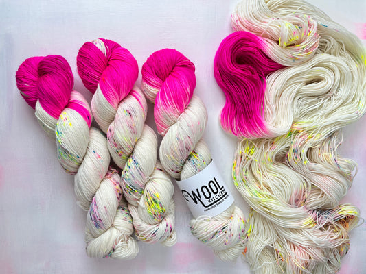 Reverse Pops Pink Zip Yarn from the 4ply sock collection by the hand dyed yarn expert, The Wool Kitchen.