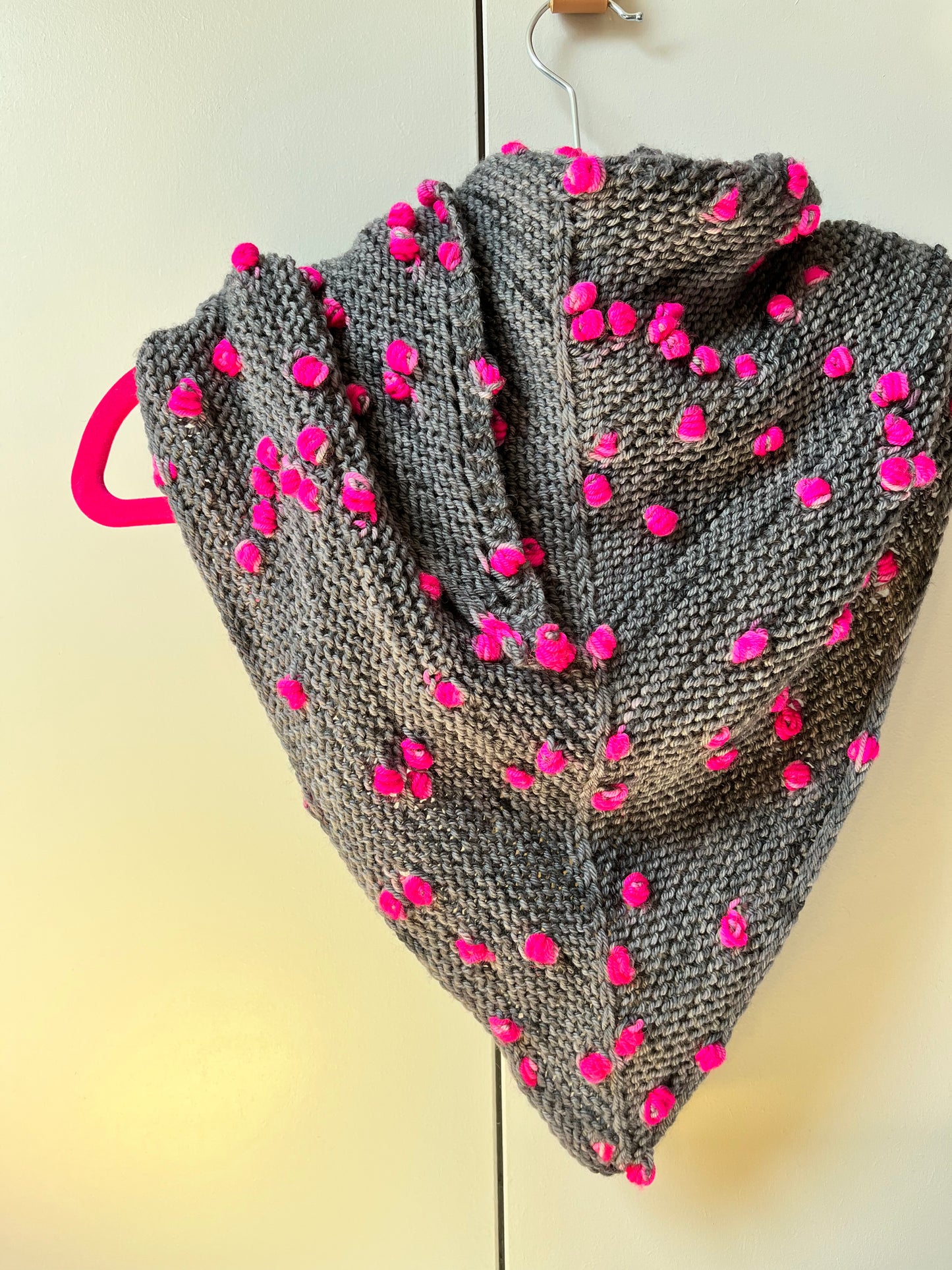 Loop Pop Shawl assigned pooling pattern shown in Pink Pop BFL DK Wool from the hand dyed yarn expert, The Wool Kitchen.