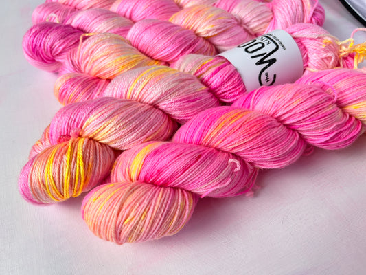 Close up of July Fungi Fade Yarn from the Floral Fade 3 Fungi Monthly Yarn club collection by the hand dyed yarn expert, The Wool Kitchen. 