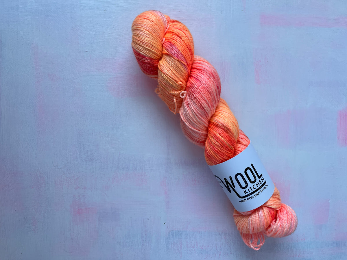 August from the Floral Fade 3 Fungi monthly yarn club in Luxury 4ply Merino Silk by the hand dyed yarn expert, The Wool Kitchen 