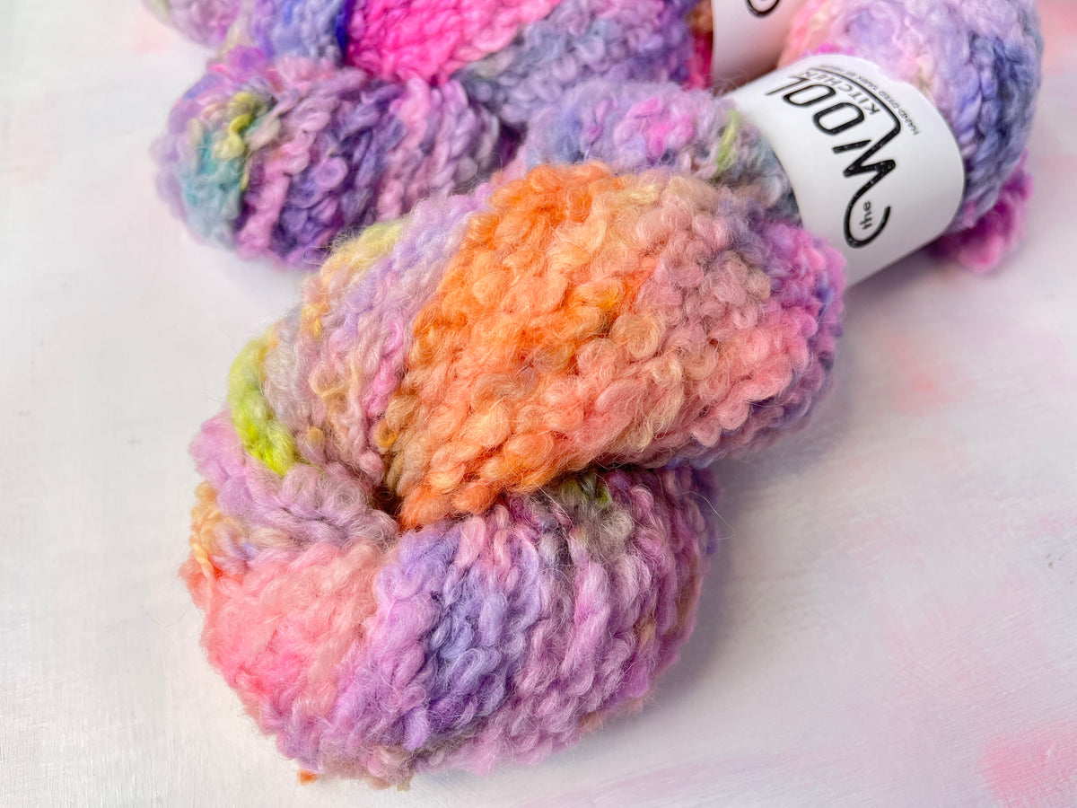 close up of Witches Thimbles  from the Teddy bear boucle collection by the hand dyed yarn expert, The Wool Kitchen