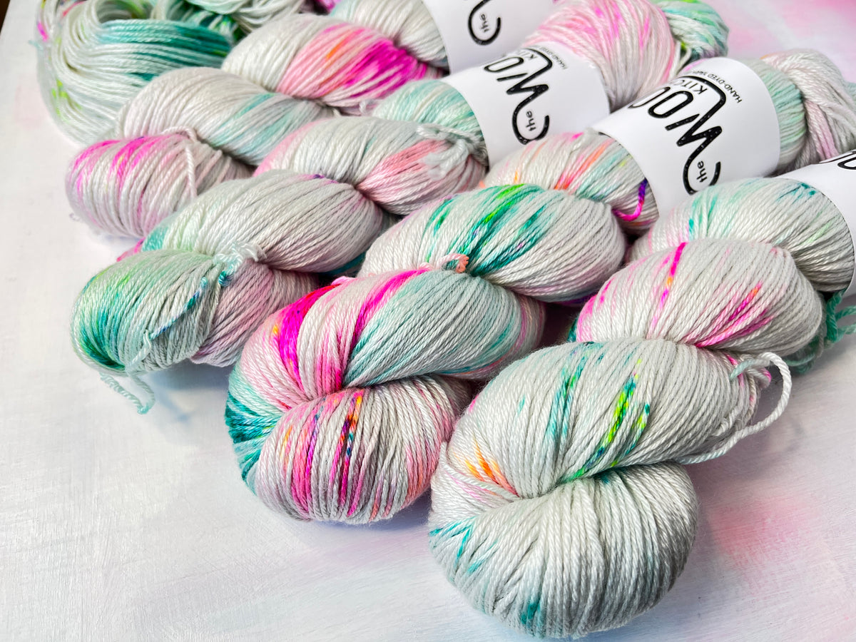Close up of Iridium Luxury 4ply Merino Silk yarn from the hand dyed yarn expert, The Wool Kitchen.